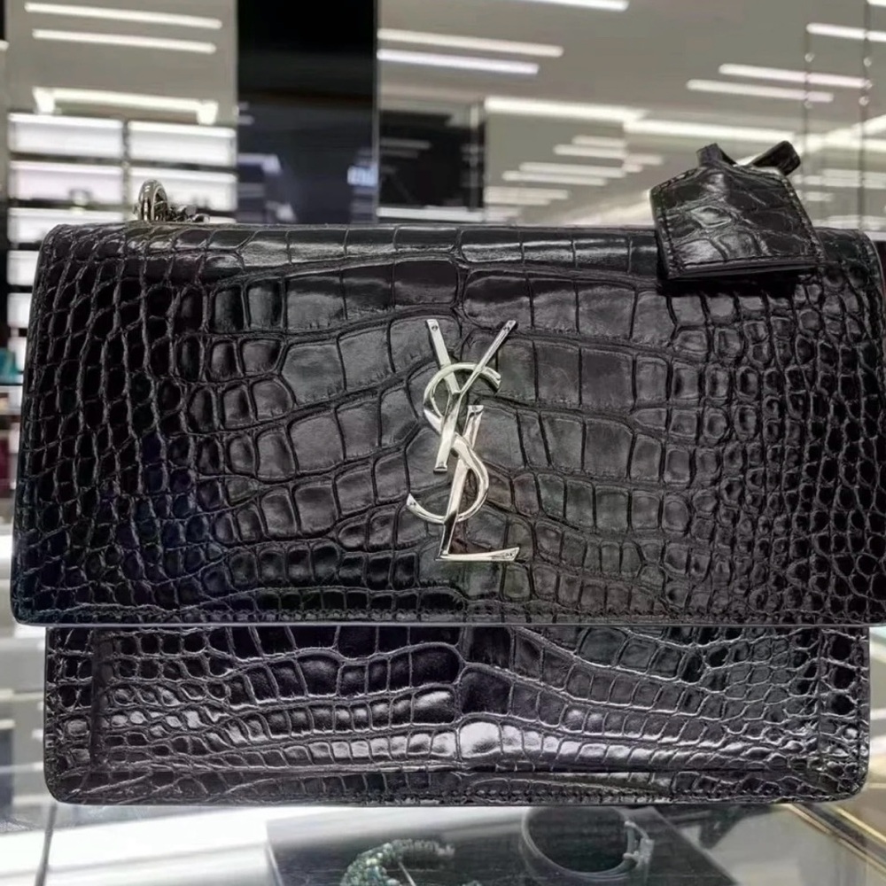 Yves Saint Laurent Black Crocodile Pattern Messenger Bag